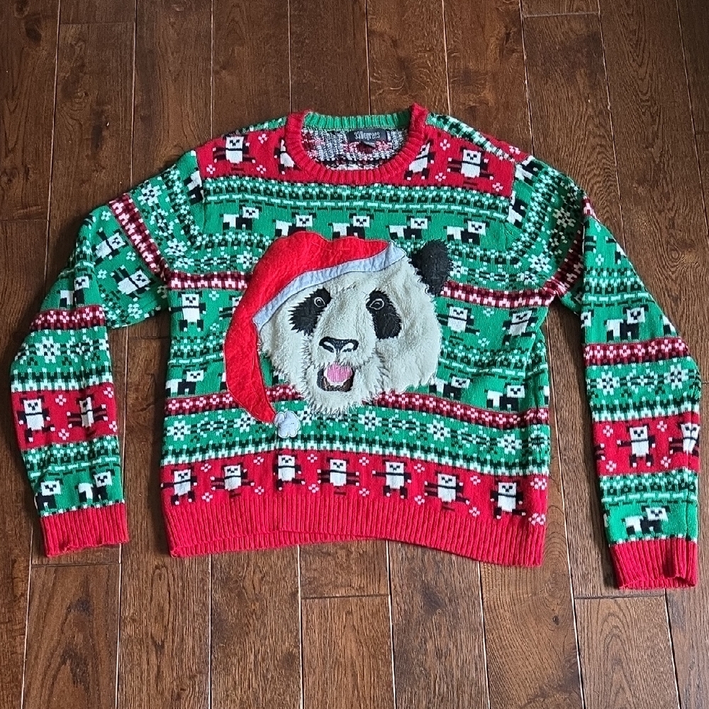 Festive Panda Crewneck Sweater - Red and Green